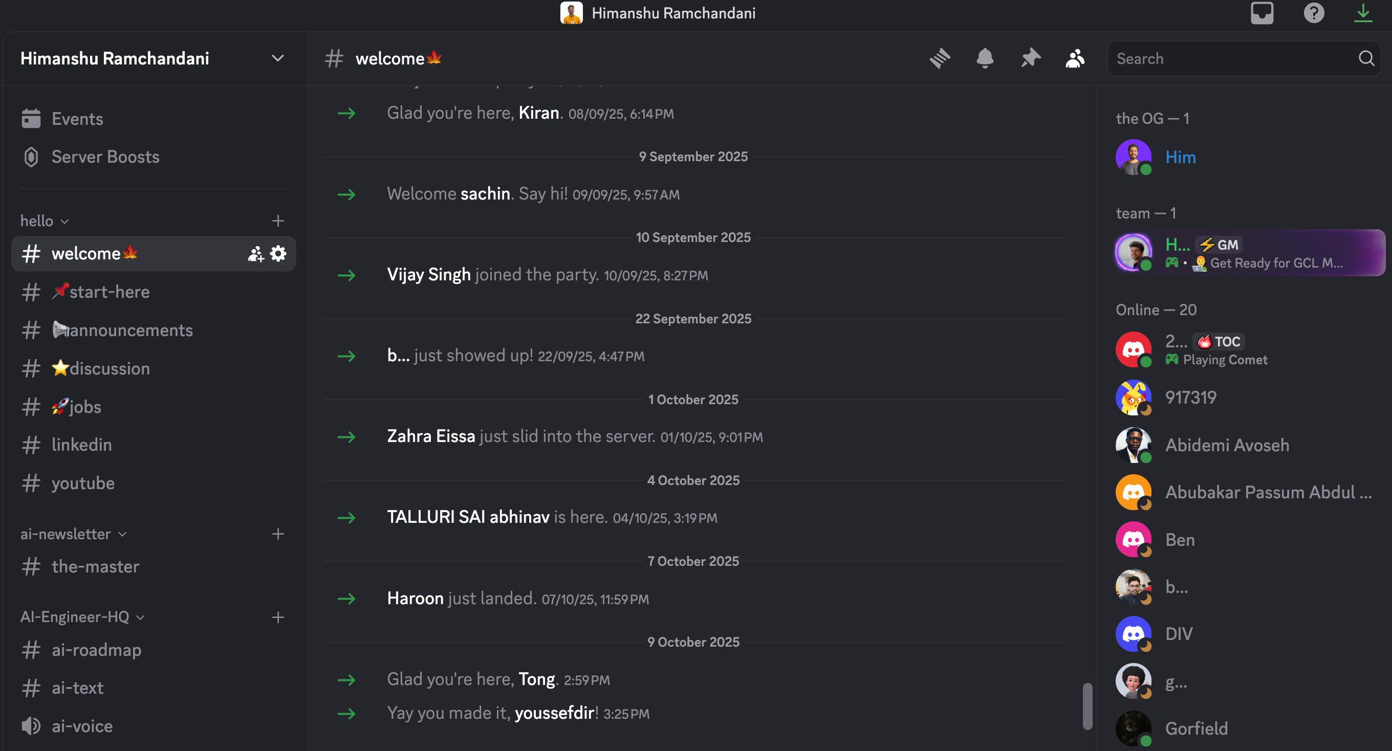 Discord community screenshot showing AI engineers collaborating